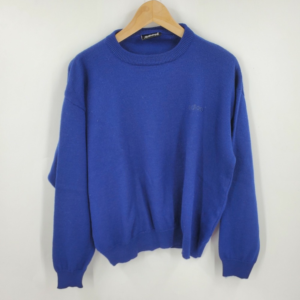 Adidas Vintage Wool Crewneck Sweater Royal Blue Mens Large Made‎ in Portugal